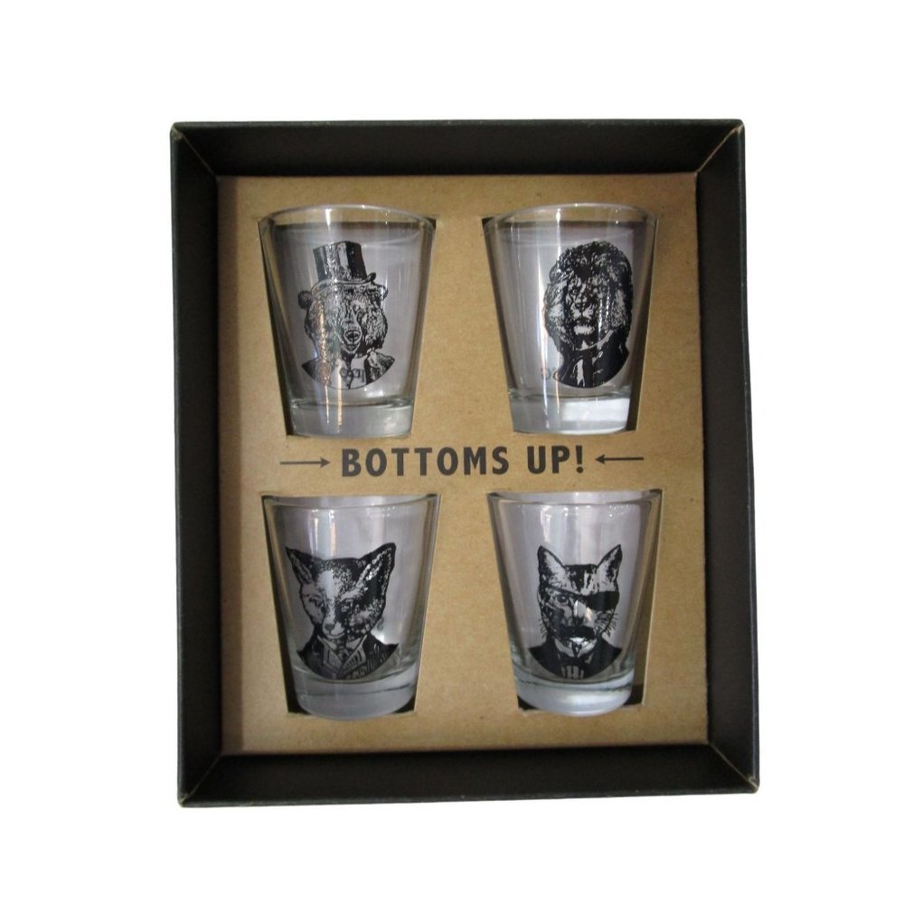 SpitfireGirl Animal Menagerie Shot Glass Set Four New Cat Fox Bear Lion